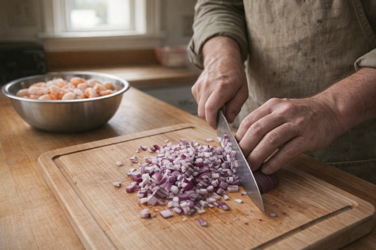 A chef's hands dicing red onion on a wooden cutting board, stainless steel bowl of cooked shrimp in the background, natural light from a kitchen window